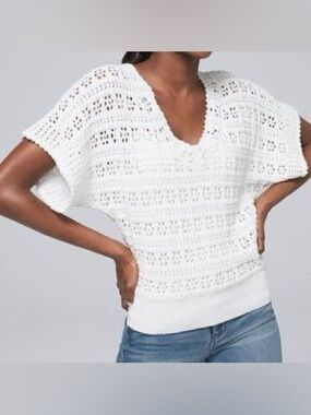 White House Black Market Crochet White Batwing Short Sleeve Sweater XS